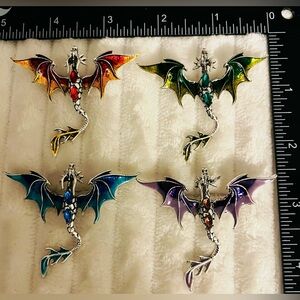 Lot of 4 Enamel Dragon Brooch Pins Multicolor Fantasy Rhinestone Wings